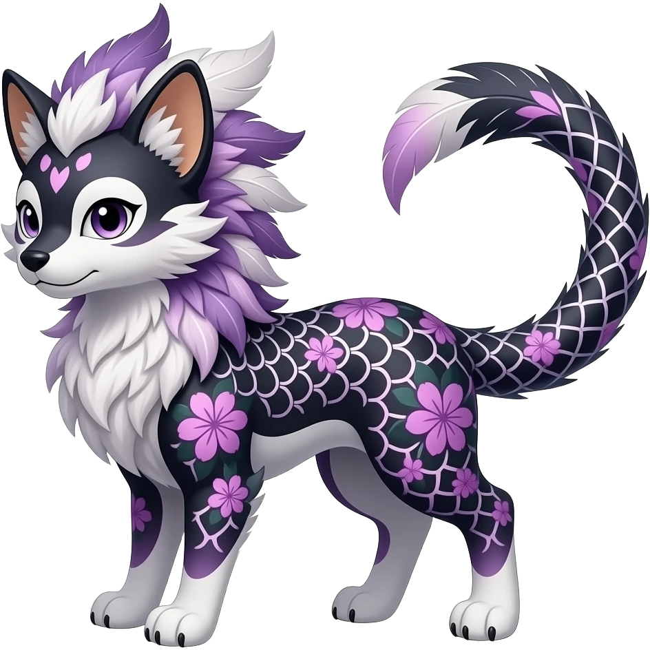 Floral-patterned honeycomb-patterned feather-maned elegant realistic Asian Furry, feathery fluffy tropical flecked painted feathery scaly, Purple, white, black, Minccino-Bambino-Lykoi-Linoone-Zangoose-fusion-hybrid-animal-Fakémon-creature, full body, thin long sleek scaly tail, intricate markings emoji