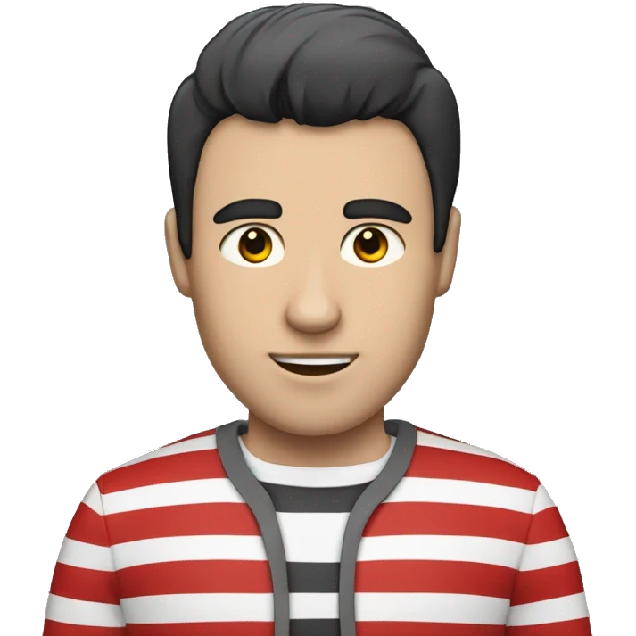 A  man with a shirt with red, black and white stripes (the man has black hair and white skin) emoji