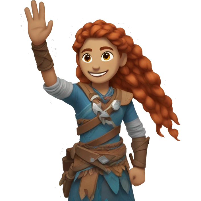 Aloy, waving goodbye, with one hand who has five fingers, half-length, smiling, low pixel emoji