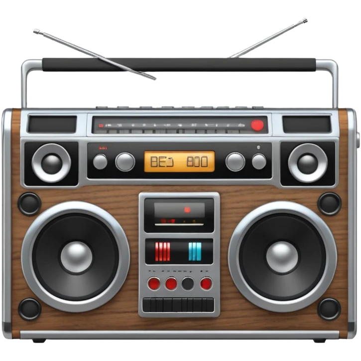 3D render of Boombox, vintage 1980s audio equipment aesthetic, tactile analog buttons, silver chrome body with black speakers, mixed wood grain and brushed aluminum textures, Apple emoji style, isolated on white background --v 6.0 emoji
