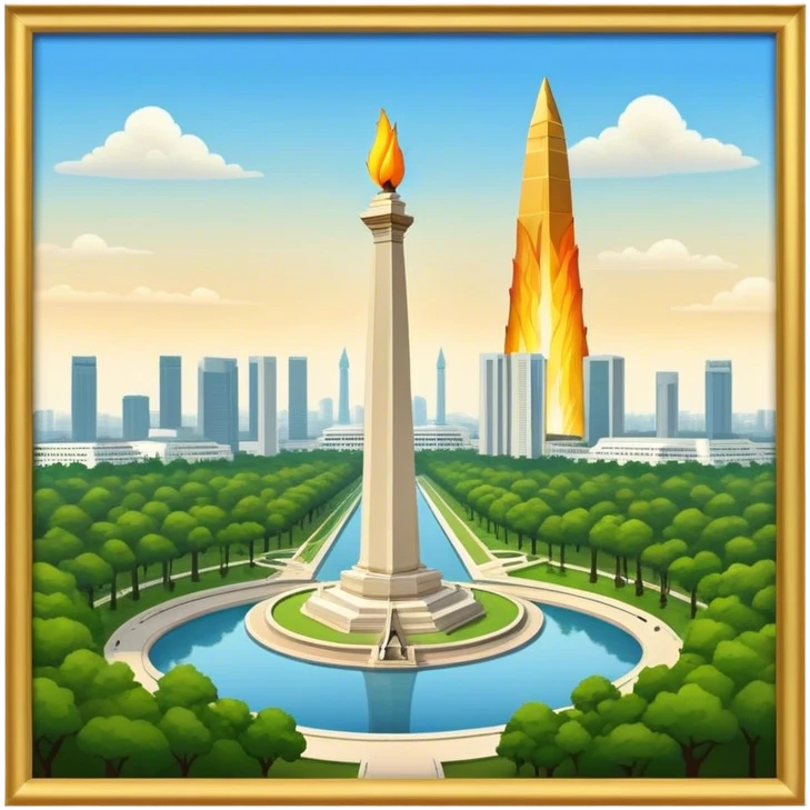 Cinematic Realistic Monas Landmark Emoji, showcasing the National Monument in Jakarta, a towering obelisk with a golden flame, set within a lush park under a clear, radiant sky. emoji