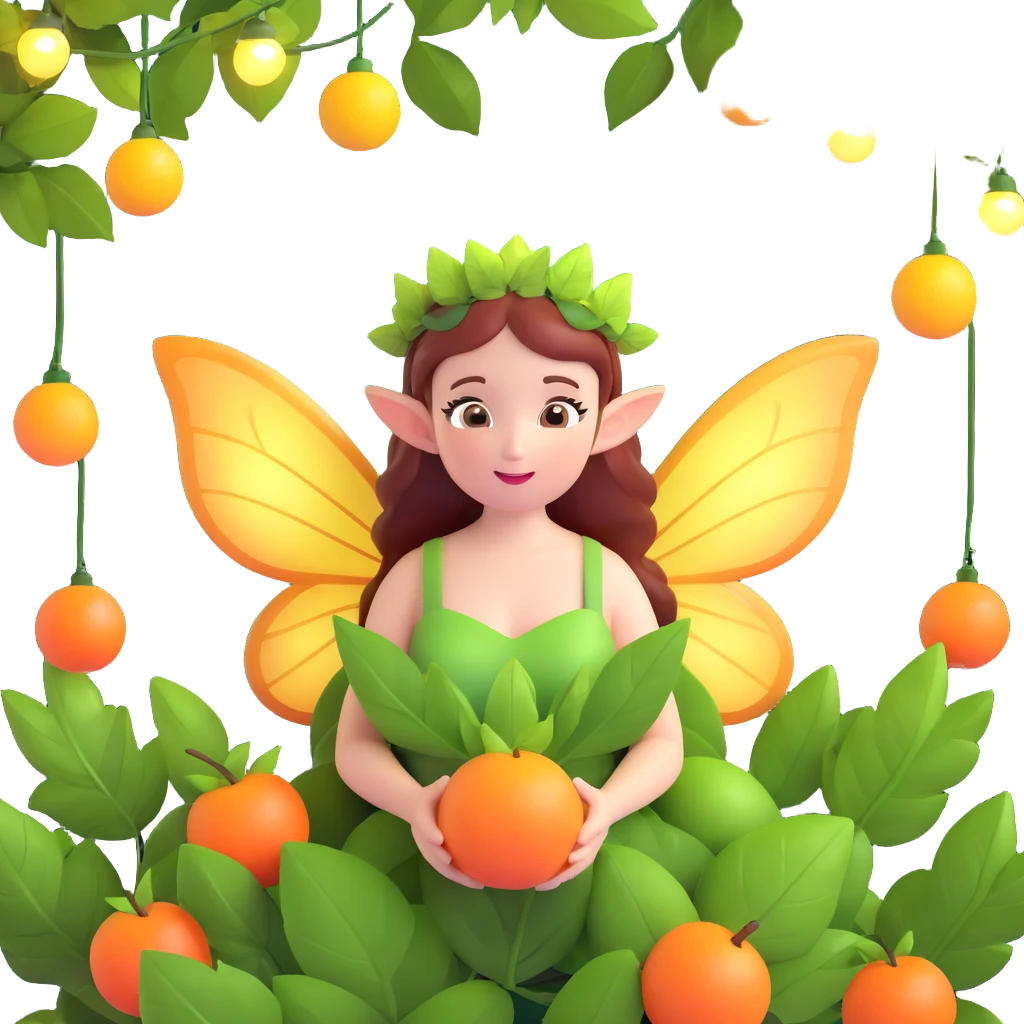 A fairy with wings, holding a red fruit with a leaf on her head, in a 3D iOS style, surrounded by green leaves and hanging lights. emoji