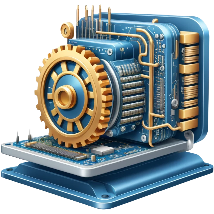 An icon featuring a giant machine soldering a huge microchip, symbolizing engineering. The design includes mechanical gears, circuit boards, and a blueprint, representing the precision and innovation in designing and building technology. Transparent background highlights the art of engineering emoji
