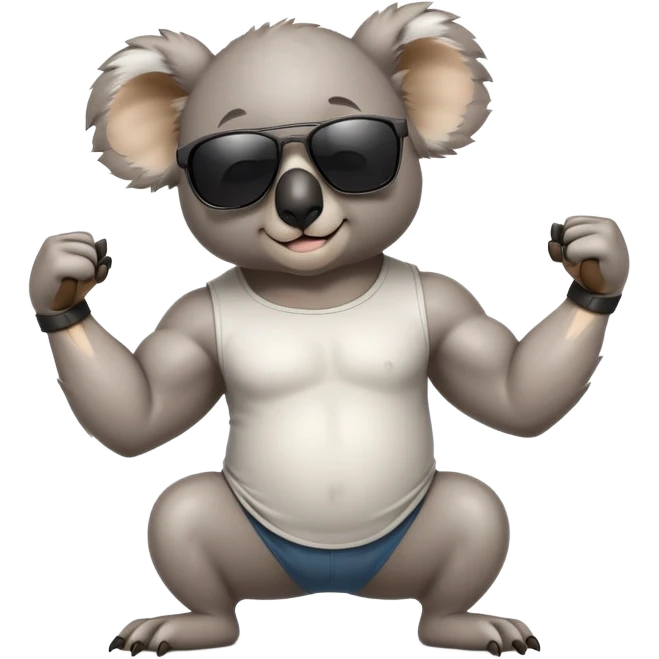 anthropomorphised koala in casual clothing, wearing dark sunglasses, flexing muscles emoji