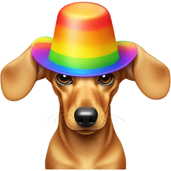 Golden dachshund wearing rainbow propeller hat emoji