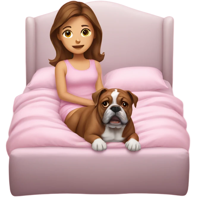  girl in pink bed with brown hair and bulldog emoji