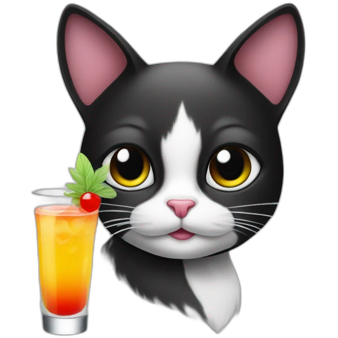 black and white cat with cocktail emoji