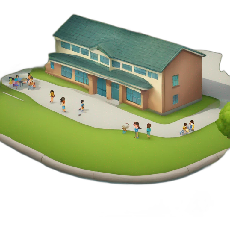 a small school with river in the back and children play in the playground emoji