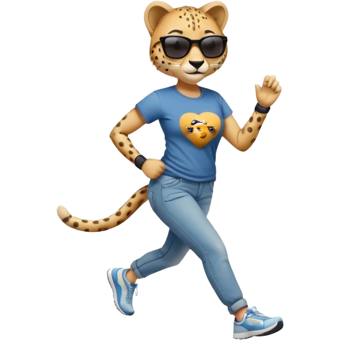 friendly anthropomorphised female cheetah in jeans and t-shirt, wearing dark sunglasses, jogging upright in relaxed pose emoji
