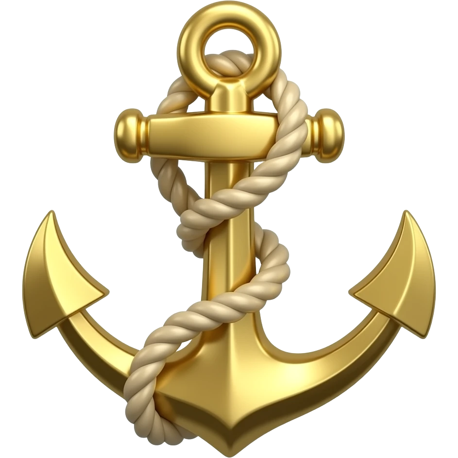 Short prompt:  Ultra-realistic 3D gold/brass anchor with beige rope wrapped around, detailed texture, soft reflections, studio lighting, minimal light background, centered composition. emoji