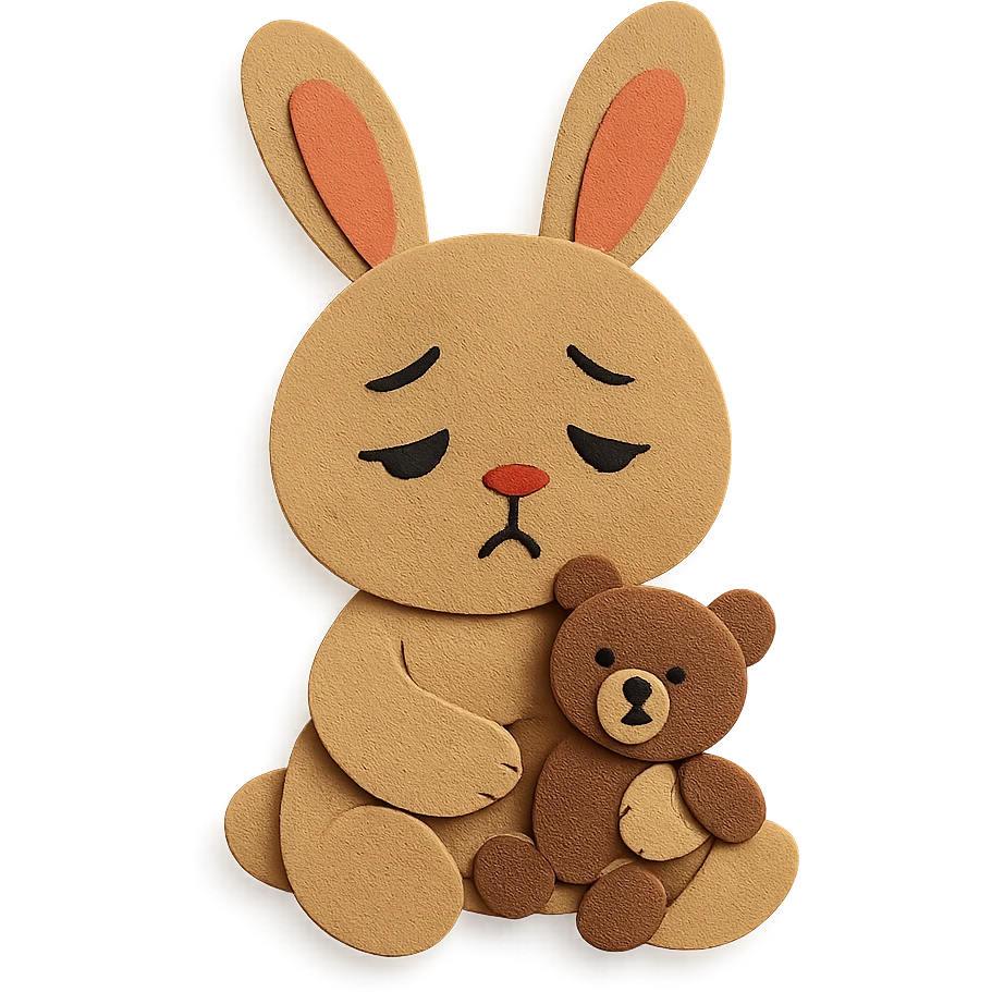 caramel bunny holding teddy bear, eyes drooping, paper-craft style emoji
