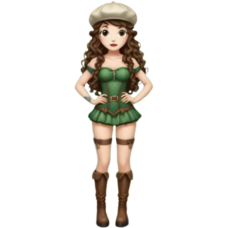 full body woman long curly brown hair brown eyes white skin tattoos wearing mushroom cap hat and thigh high boots, hands on hips, sexy forest sprite emoji
