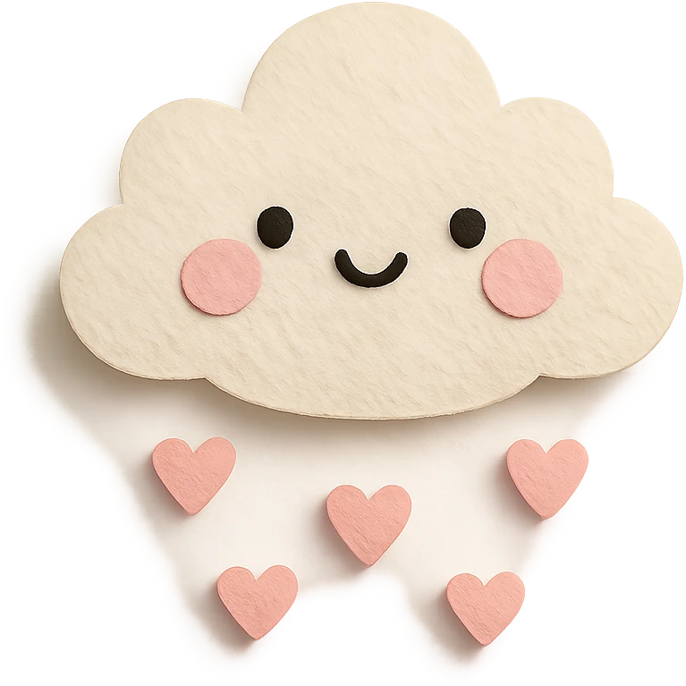 kawaii small fluffy cloud, raining tiny pink hearts, soft pastel palette, no arms or legs, full body, paper craft style emoji