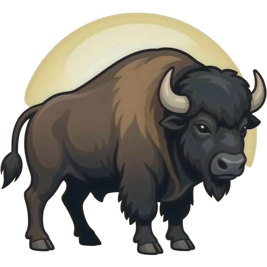 4. Buffalo –old engraved style, number ‘4’ in top left, central design of a mighty buffalo with a crescent moon resting on its shoulder, strong black outlines and shading, word ‘BUFFALO’ in bottom right, high contrast, clean vector look” emoji