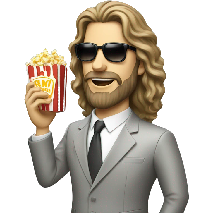long hair white man in suit with sunglasses eating popcorn with a cap emoji