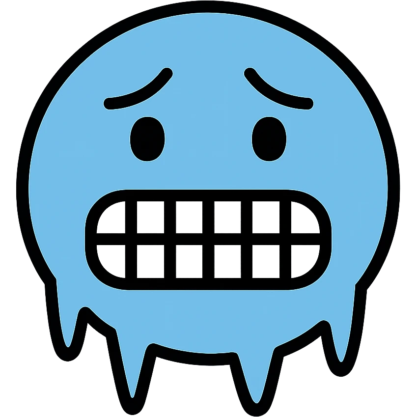 Blue face with icicles and chattering teeth, freezing expression emoji