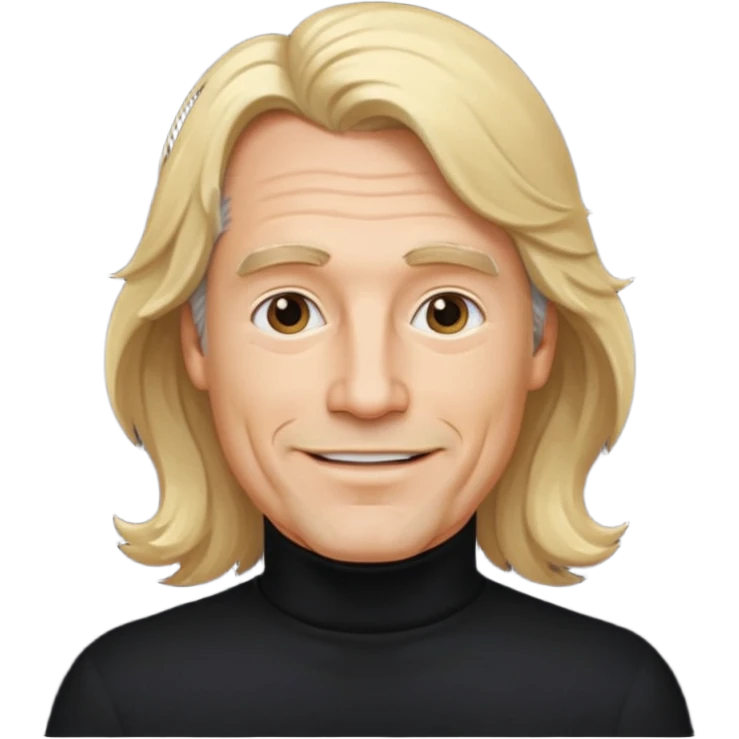 middle aged man, long wavy blonde hair, wearing a turtleneck, gentle smile emoji