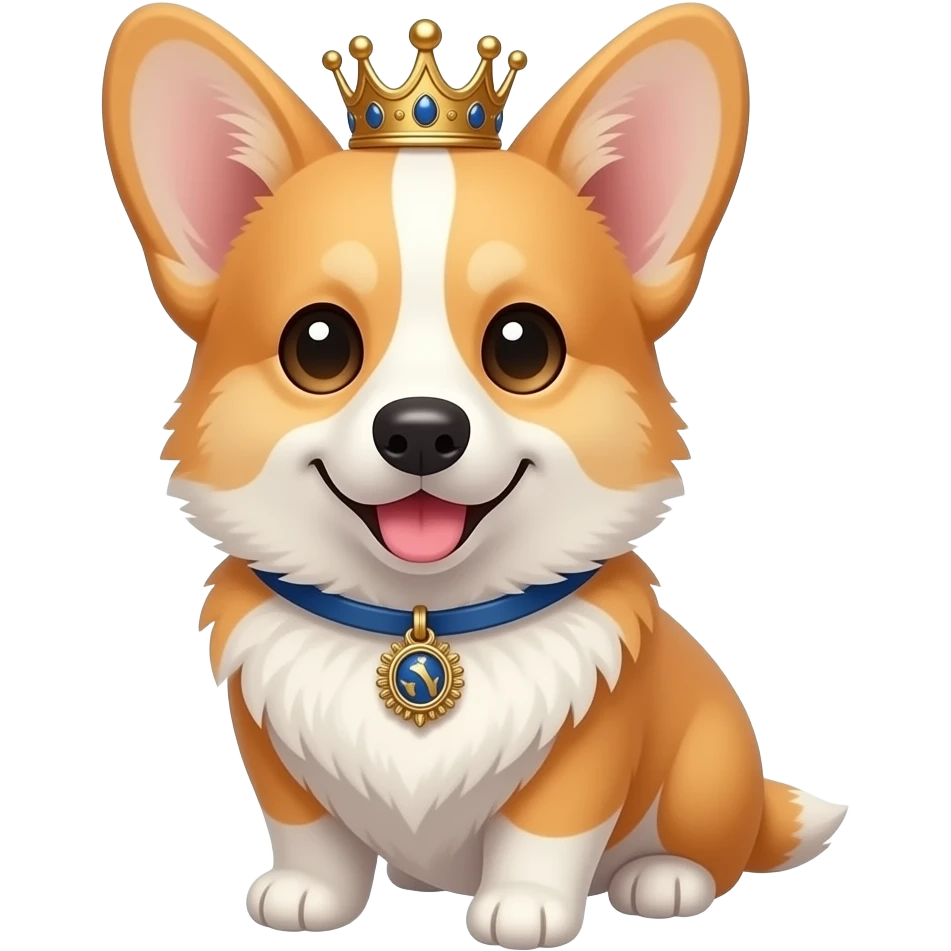 Cute royal corgi with a small crown collar charm, isolated, centered, no background, no scenery, no text, warm golden fur, charming British royal feel emoji