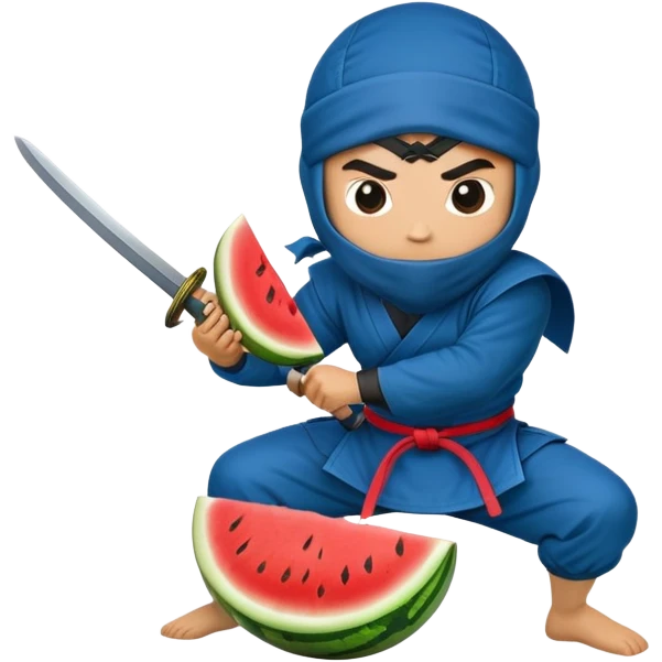 ninja in blue cuts a watermelon with a katana emoji