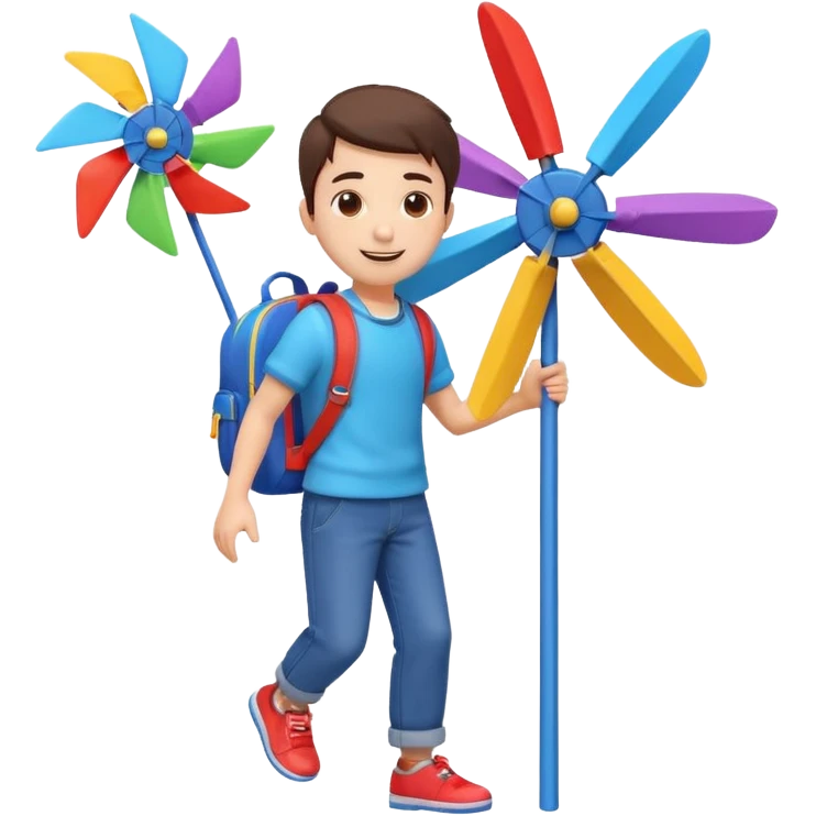 cute boy carrying a toy windmill backpack, colorful windmill spinning on the back, happy expression, casual outfit, 3D cartoon, mobile game icon style, clean background, no text, no watermark
 emoji