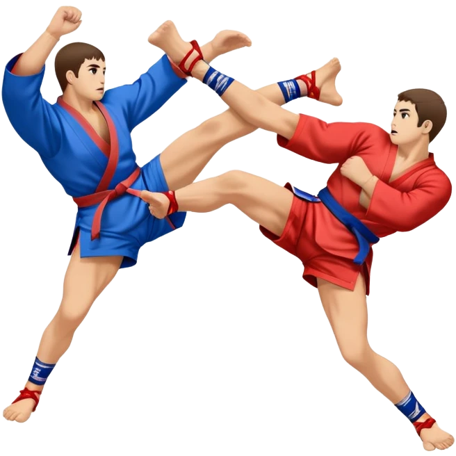 An icon symbolizing Sambo, featuring two fighters in blue and red kimonos with shorts and wrestling shoes. One executes a powerful throw, while the other attempts a defensive grab. The fighters are engaged in a grapple, using joint locks and sweeps.  emoji