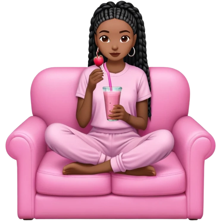 A dark-brown-skinned Black woman with black box braids, sitting on a pink couch, holding a smoothie cup with a straw, sipping and looking relaxed. She’s wearing comfy loungewear in a cozy setting. emoji