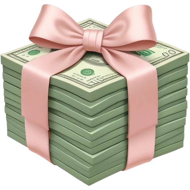 Neat rectangle money stack tied with a blush satin bow, muted green $100 bills, soft luxury rich  emoji