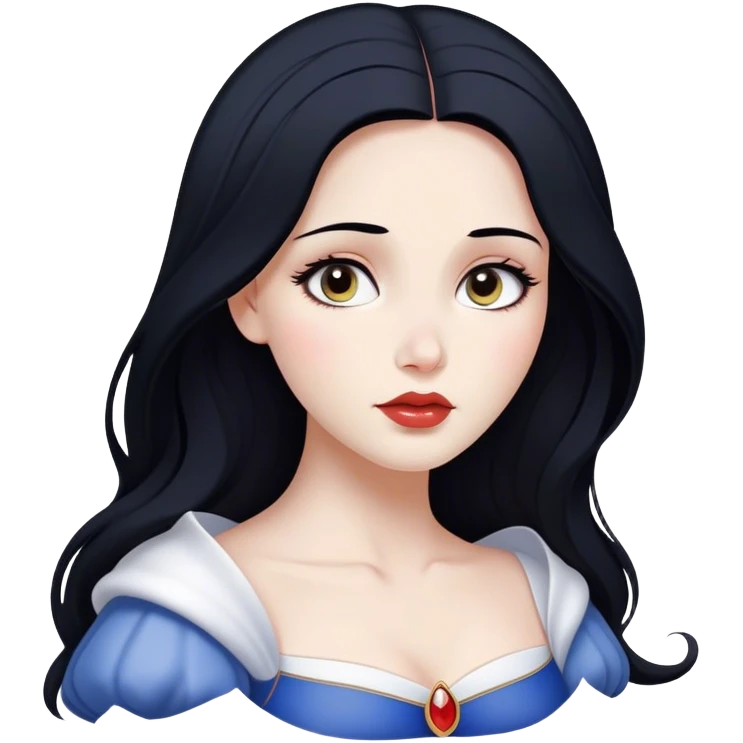 Cinematic Serene Snow White Portrait Emoji, rendered in a simplified vector style. Depict a gentle Snow White (chest and above) with flawless porcelain skin and flowing raven hair, her kind eyes and calm expression exuding a quiet, enchanting charm. The image glows softly with an inviting, pure light and is outlined with a subtle glow. emoji