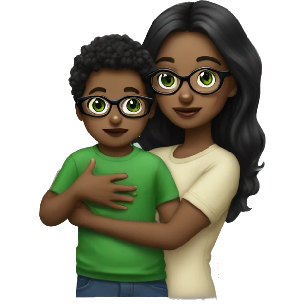 Black long hair, green eyes and glasses, big lips girl holding one year old green eyes baby boy emoji