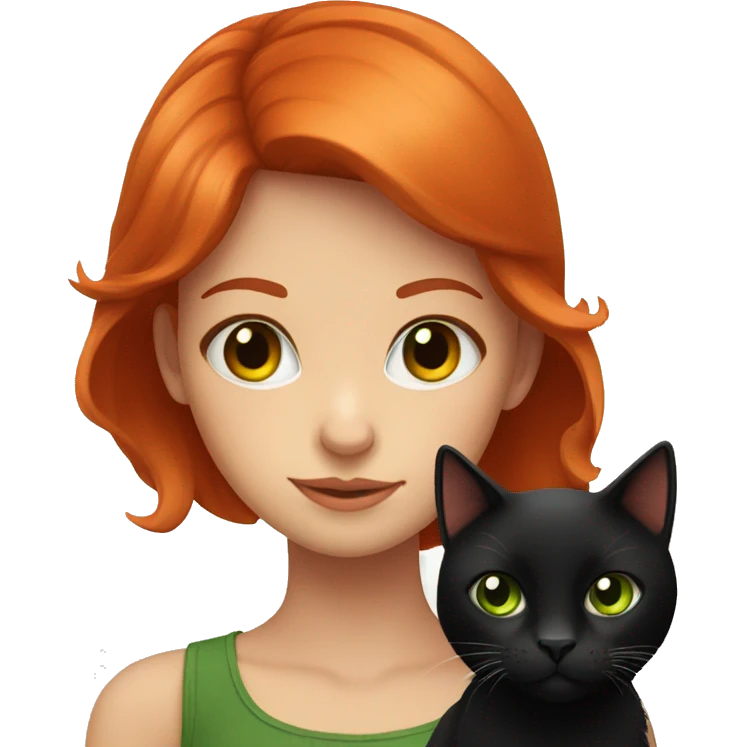 Red head girl with green eyes holding black cat with orange eyes emoji