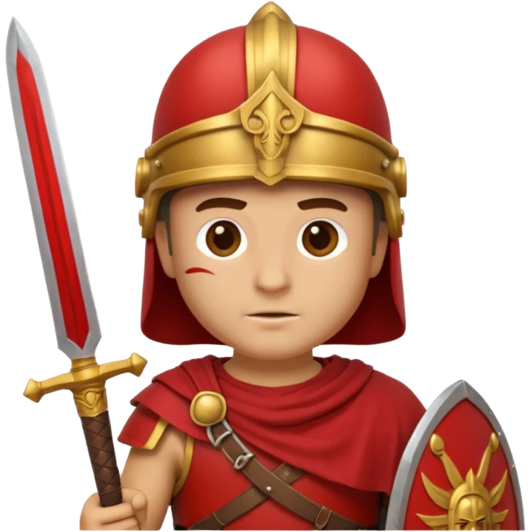An emoji portrait of a Roman legionary soldier. He wears a helmet and a red tunic. His expression is stern and focused. He holds a short sword. emoji