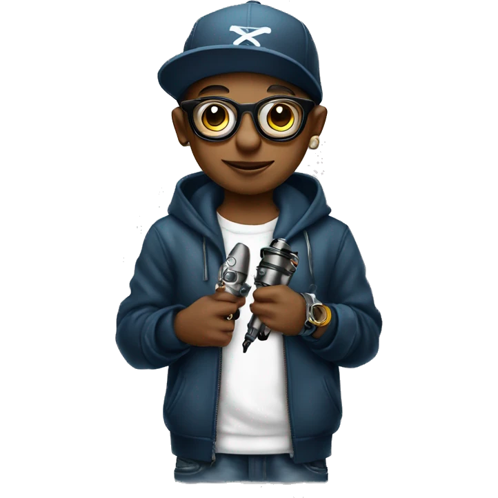 cap, hoodie and glasses boy holding tattoo machine emoji