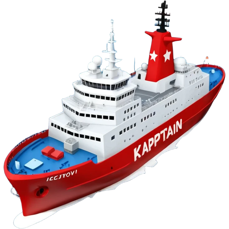 Realistic 3D icon of icebreaker "Kapitan Krutov" (grey hull, red star, white superstructure, "РОСМОРПОРТ" lettering). Soft winter lighting, 3/4 aerial view. Fractured blue ice, white background. High detail, photorealistic GSON style. emoji