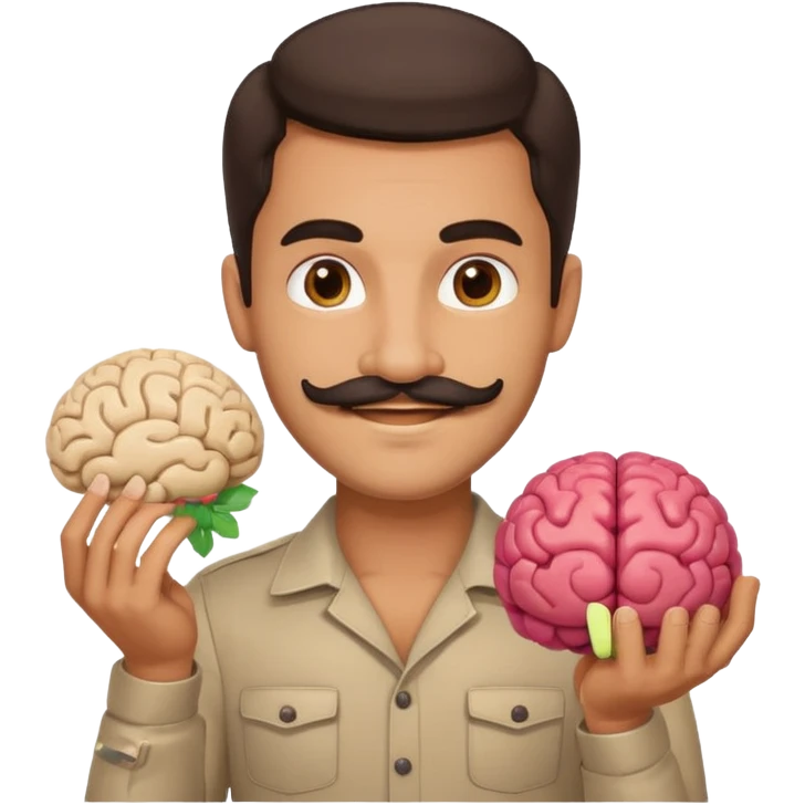 attractive man with dark hair and mustache holding a brain as an emoji emoji