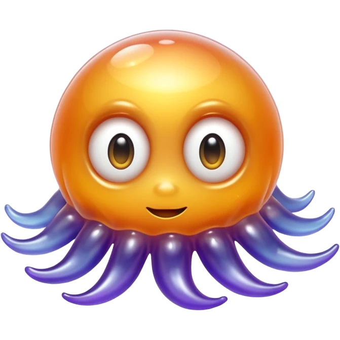 a combination of a water droplet and a ghost tail.
The bottom part is softly squished and slightly curled like a tail
floats in the air with no feet, has small round hands like jelly
Ieyes are large, round, and sparkle like jelly marbles.
The character has a translucent jelly-like texture. emoji