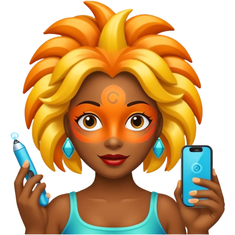 Uma pessoa com um controle remoto na mão e vestida de fantasia de carnaval emoji