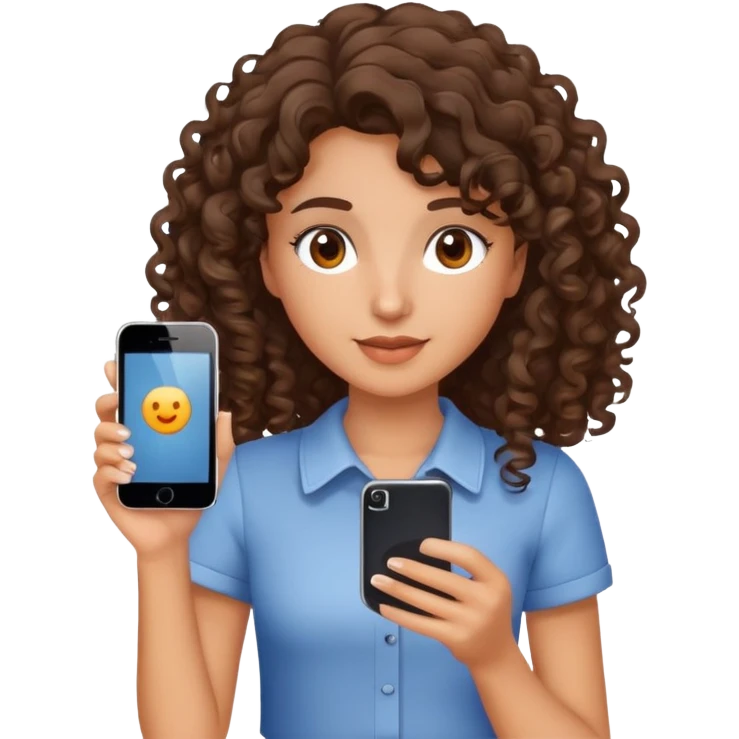 brunette girl with curly medium length hair, brown eyes, slightly tan skin, holding a phone emoji