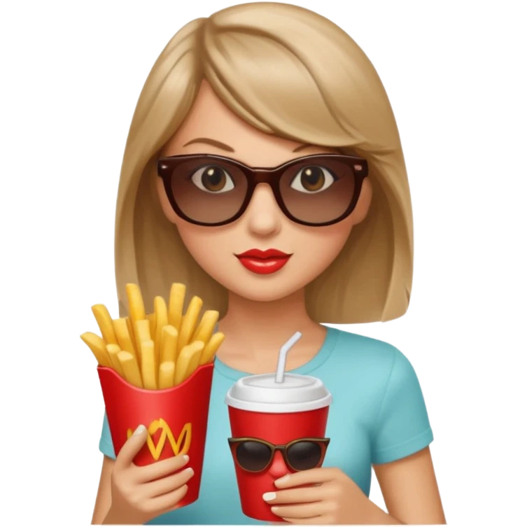 Taylor Swift, wearing sun glasses,  holding a cup of fries





































 emoji