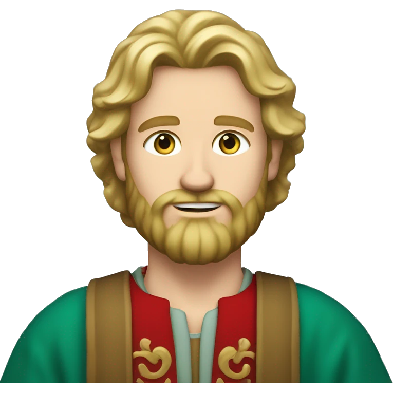 The image shows a man with wavy blonde hair, a full beard, light blue eyes, and a fair complexion. He wears a red garment over a green tunic, giving a historic appearance. emoji