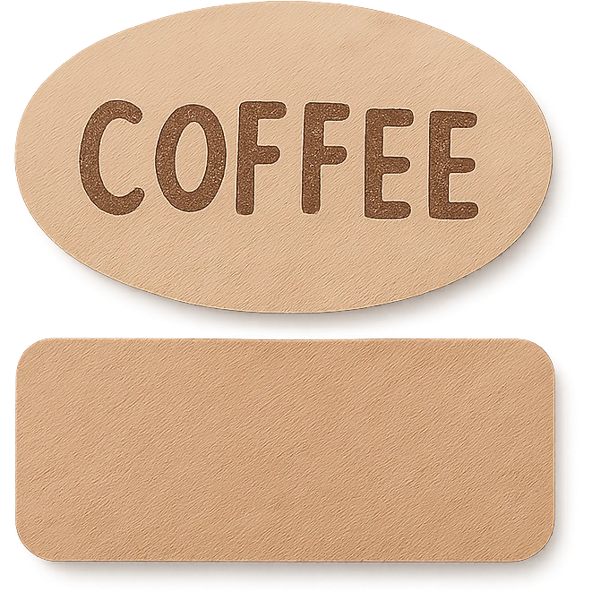 pastel brown coffee label sticker shapes, oval and rectangle, hand-drawn style, transparent background emoji