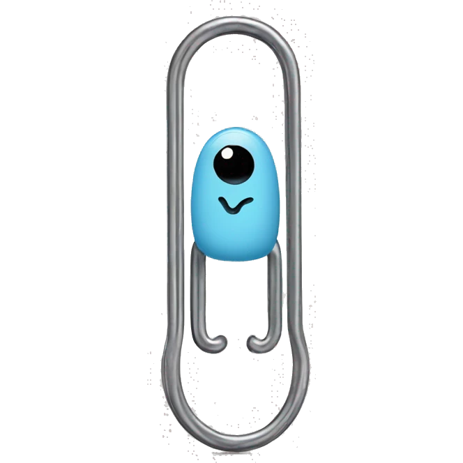 Anthropomorphic paperclip, no hands or feet just paperclip with eyes and smiley face emoji