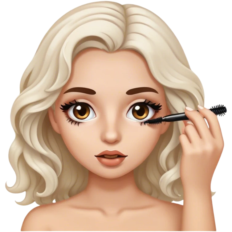 Create a girl with white skin that’s slightly very slightly tan white brown wavy hair putting on mascara  emoji