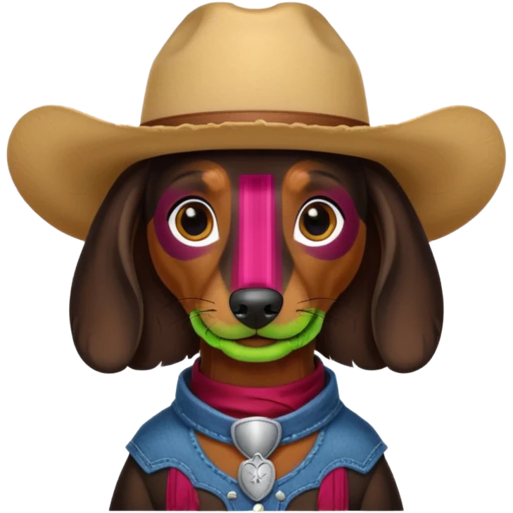 mostly black with some brown long hair daschund with a cowboy hat emoji