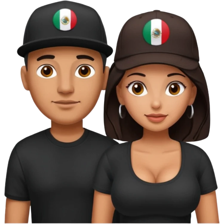 A picture of a tanned couple in a sex position. the man is a Mexican man with tanned skin, with a bald hair cut wearing a SnapBack hat and a black shirt. the woman has thick dark brown hair and with big naked boobs that he is grabbing emoji