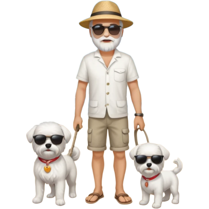 white man grey hair beard holding a white Maltese on a beach full body emoji