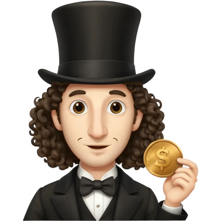 Jewish man with a long nose that sticks out a top hat slightly long curly hair and a penny in his hand emoji