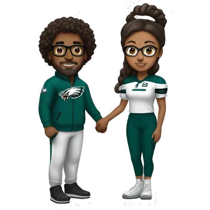 Brown guy and brown girl with glasses and hair in a bun in Philadelphia eagles clothes holding hands emoji