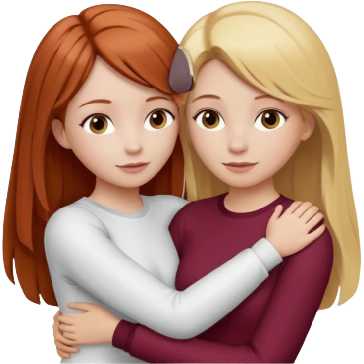 two girls who hug eachother. one has auburn hair with blonde highlights and very pale skin , other has medium-fair skin and blonde hair. girl with auburn or dark blonde hair is wearing a white outfit and girl with blonde hair is wearing a burgundy outfit emoji
