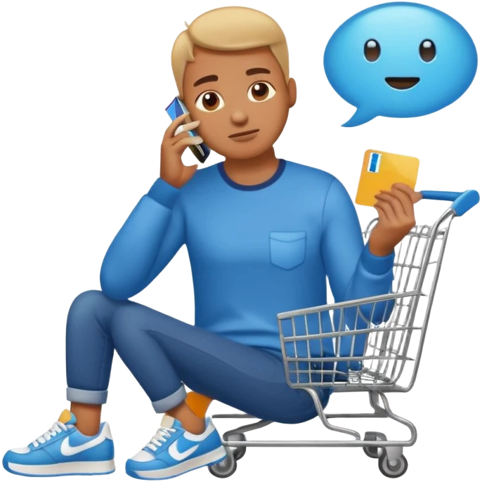 Emoji-style illustration of a person holding a credit card, hand on chin thinking. A thought bubble above the head showing clothes, sneakers, and a shopping cart, representing deciding whether to spend money. Clean, modern emoji style, bright colors, white or transparent background. emoji