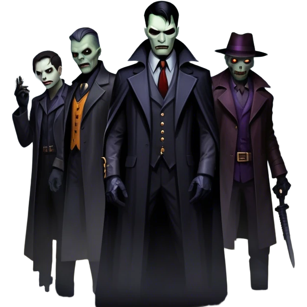 Icon for Thriller Movies: A large, dramatic collage featuring sinister villains and zombies in dark clothing. The background shows the gloomy cityscape of Gotham with dim lighting and eerie shadows. The atmosphere should be tense, mysterious, and suspenseful. Transparent background. emoji
